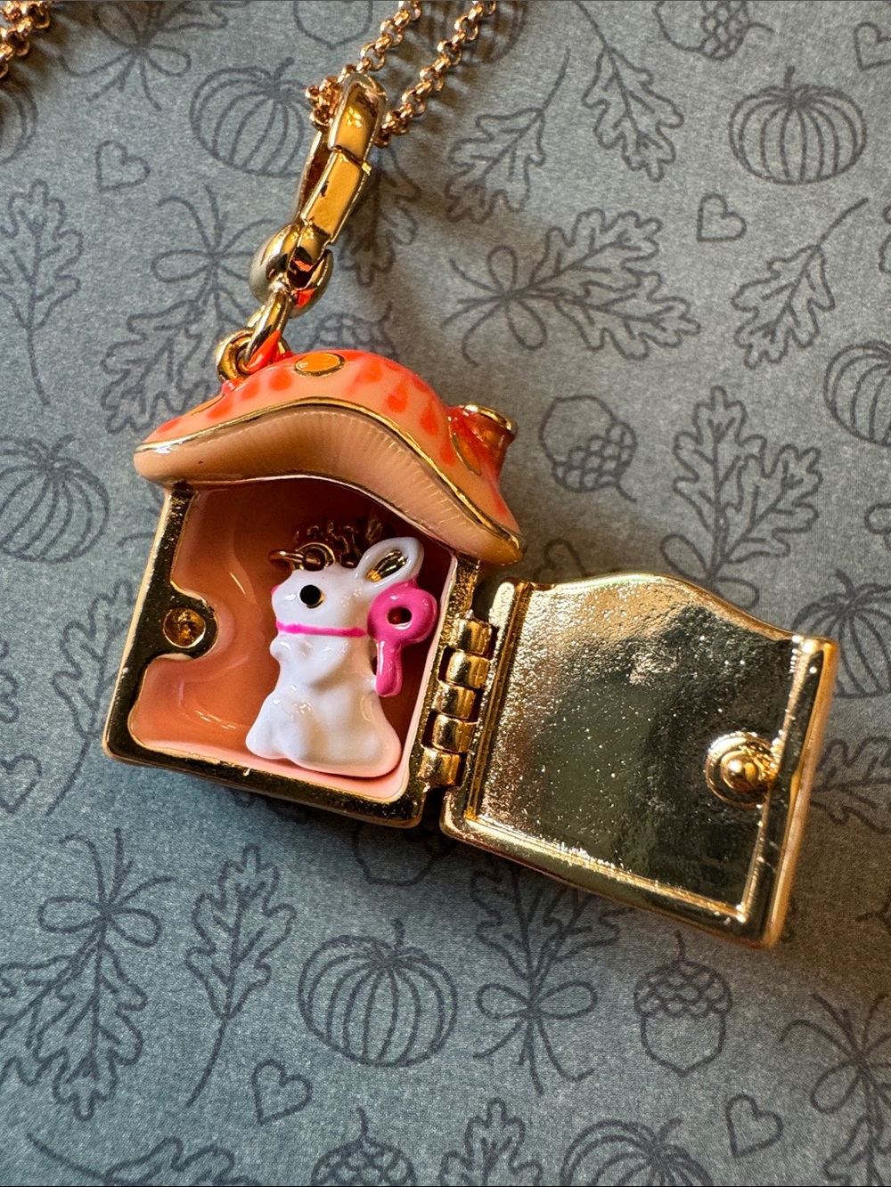 18K Gold Orange Mushroom House Cottagecore Pendant Locket Necklace - Picture 4 of 10